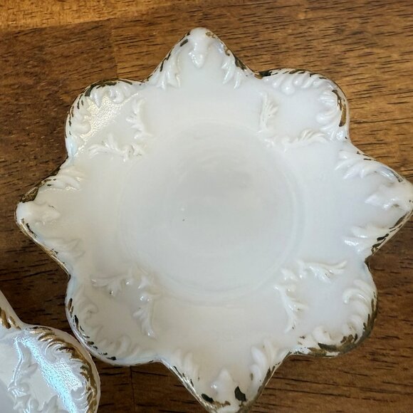 Victorian‎ Milk Glass Trinket Dishes Hand Painted Floral Embossed Leaf Motif - Picture 6 of 7